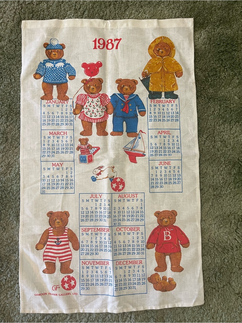 1987 Teddy Bear Fabric Tapestry Calendar - Vintage Illustration